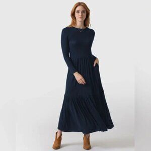 Saint + Sofia - Greenwich Long Sleeve Dress Asymmetrical Tiered | Size 10: Navy